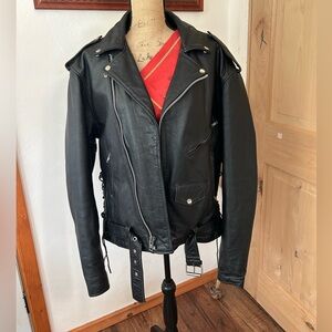 Black Leather Biker Jacket 46T
